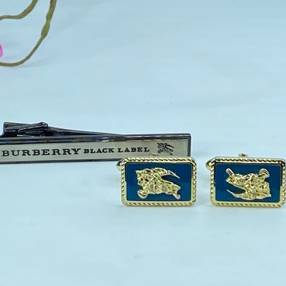 Burberry Gold Plate Cufflinks & Tie Clip “Circa 1990s” in black velvet box GS384 - Picture 1 of 8
